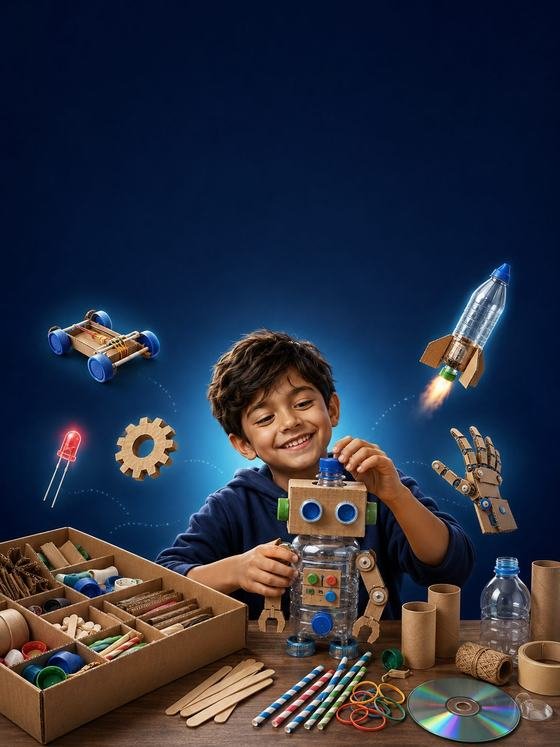 Criança montando um robô de material reciclado
