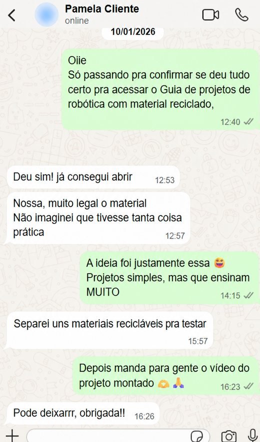 Print de conversa no WhatsApp com Pamela: ela diz que o material é muito legal e tem muita coisa prática, e que já separou recicláveis pra testar